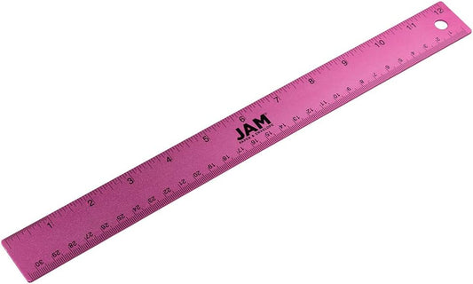 JAM PAPER Strong Aluminum Ruler - 12 Inch - Metal Ruler with Non-Skid Cork Backing - Fuchsia Metallic - Sold Individually