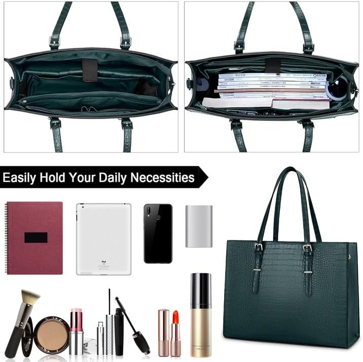 Laptop Bag for Women 15.6 Inch Laptop Tote Bag Leather Classy Computer Briefcase for Work Waterproof Handbag Professional Shoulder Bag Women Business Office Bag Large Capacity Dark Green