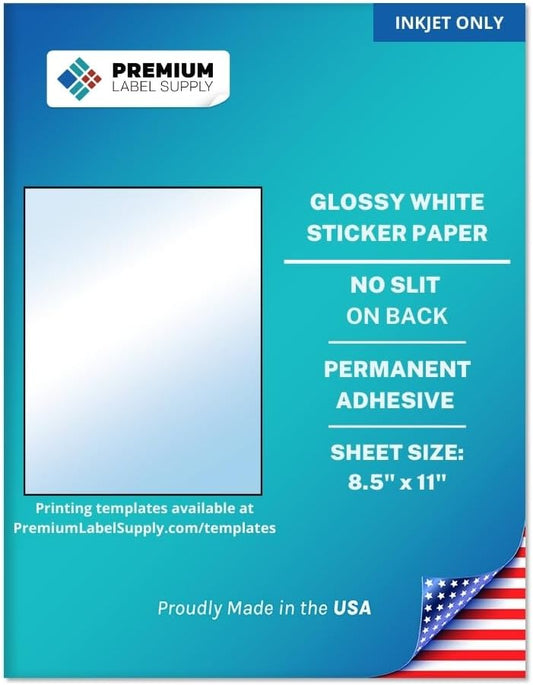Premium Label Supply Glossy White Sticker Paper – 8.5" x 11" Full Sheet Labels – Inkjet Printers Only – 25 Sheets - Letter Size