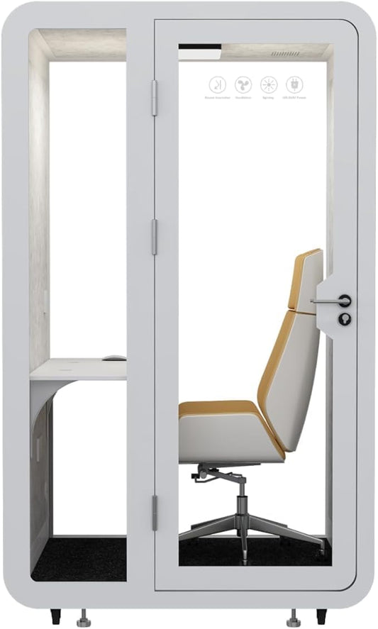 GEARONIC Mobile Office Pod Booth, Sound Proof Booth for Home, Mobile Roller with Desk, LED Light, Fans and AC USB Ports (White)