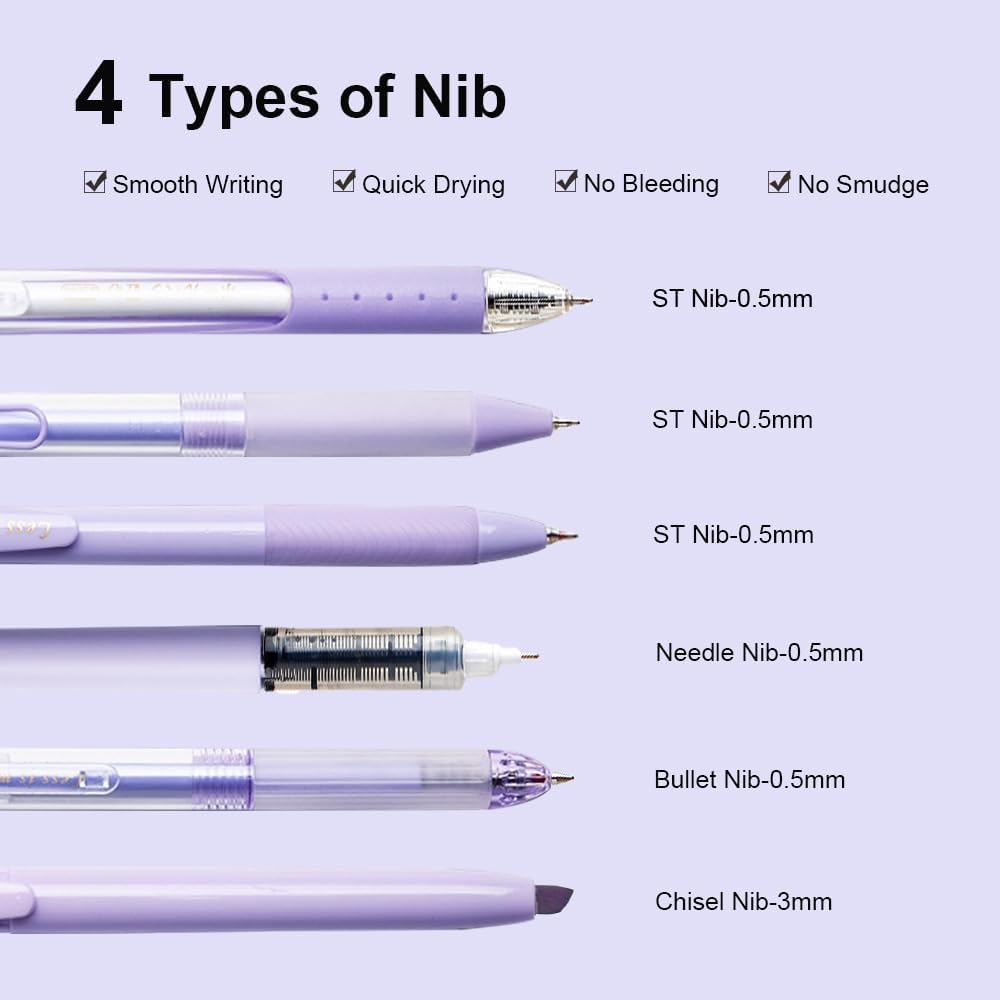 6 Count Pastel Gel Ink Pen Set,Cute Note Taking 0.5mm Fine Point Retractable 5 Count Black Ink Pens with 1 Count Highlighter for Writing, Journaling, School, Office (Purple)