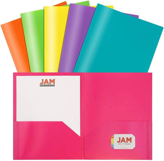 JAM PAPER Plastic 2 Pocket POP Folders - Durable School Folders - Assorted Fashion Colors - 6/Pack