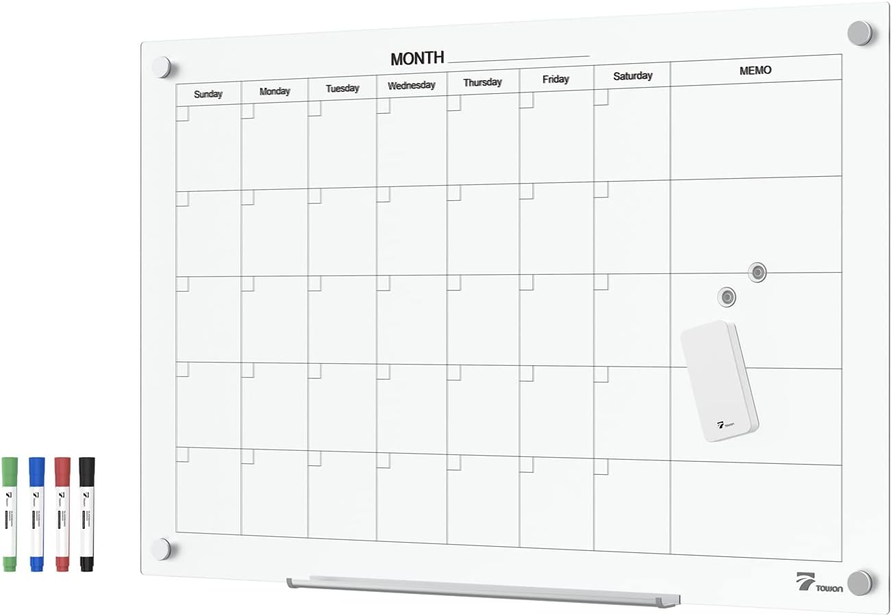 TOWON Tempered Glass Calendar Dry Erase Board for Wall, 3' x 2' Magnetic Whiteboard Calendar Planner for Office, Home, School Supplies, White, 36 x 24 Inches