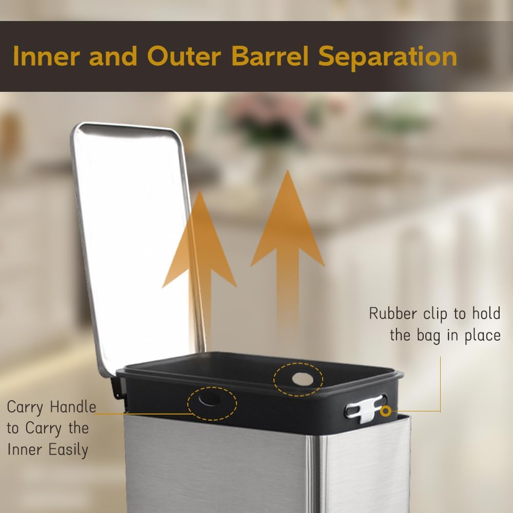 Bathroom Trash Can, 10 Liter / 2.6 Gallon Stainless Steel Garbage Can with Removable Inner Bucket, Soft Close Lid Step Trash Bin for Bedroom, Office, Kitchen, Brushed Silver