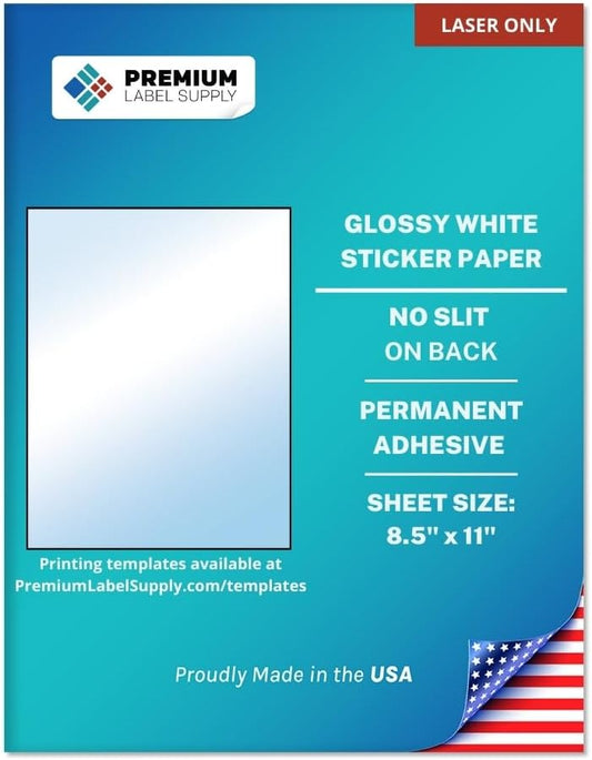 Premium Label Supply Glossy White Sticker Paper – 8.5" x 11" Full Sheet Labels – Laser Printers Only – 100 Sheets - Letter Size