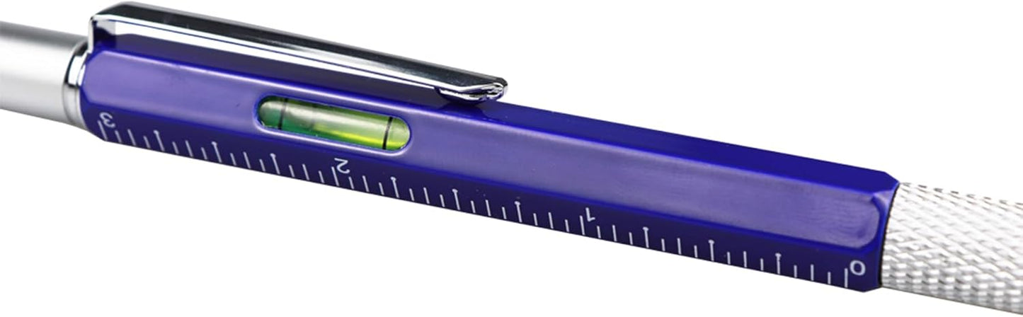 DUNBONG Metal Multi tool Pen 6-in-1 Stylus Pen - With Screwdriver, Ballpoint Pen Black ink, Stylus pen, Level and Ruler, 1-Count (Blue)