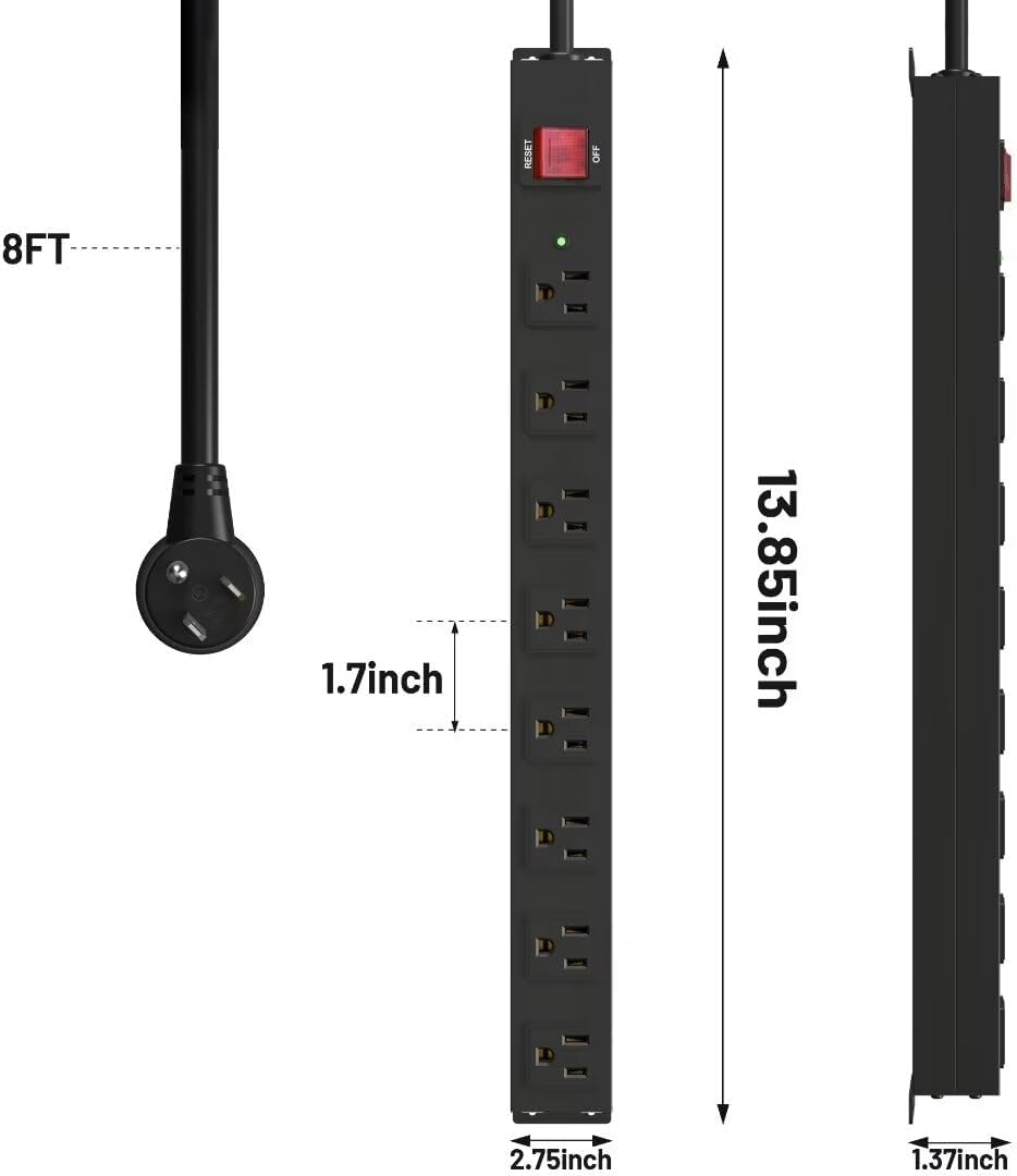 KF 8 Outlet Heavy Duty Power Strip Surge Protector, 2100J Surge Protection Black Power Strip, 15A/1875W Mountable Power Strips, 14AWG 6FT Extension Cord, Black(8FT-2100J)