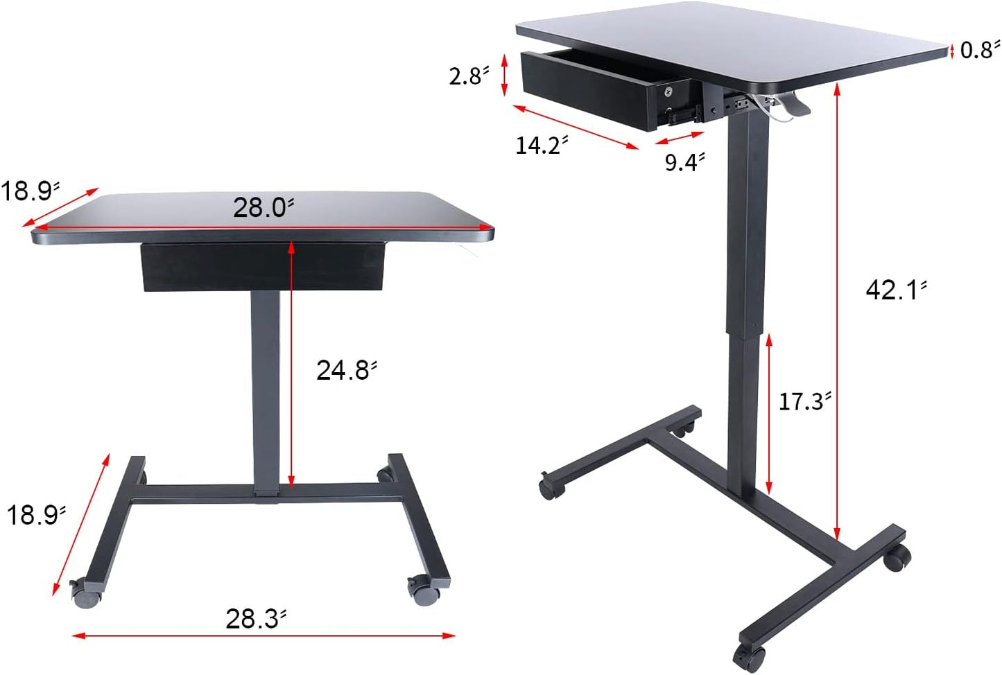 CLATINA Mobile Laptop Standing Desk, Height Adjustable Teacher Podium with Lockable Wheels, Adjustable Work Table with Drawer, Computer Cart Overbed Table for Home Office Classroom, Black