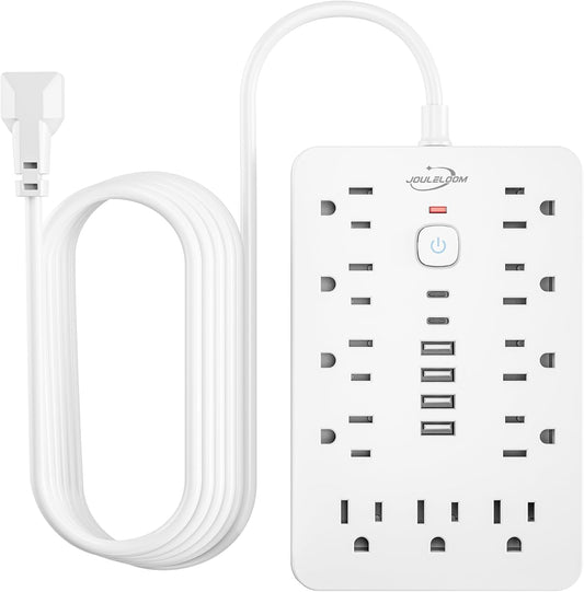 20 FT Flat Plug Surge Protector Power Strip,11 Multiple AC Outlets with 6 USB Ports (2 USB C), 20 Feet Extension Cord, 1250W/10A, One Touch Switch Button, White