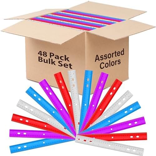 Rulers Bulk for Classroom (48 Bulk Pack) Plastic Ruler 12 Inch, Ruler with Centimeters and Inches, Bulk School Supplies Wholesale, Assorted Colors (48 Pack)