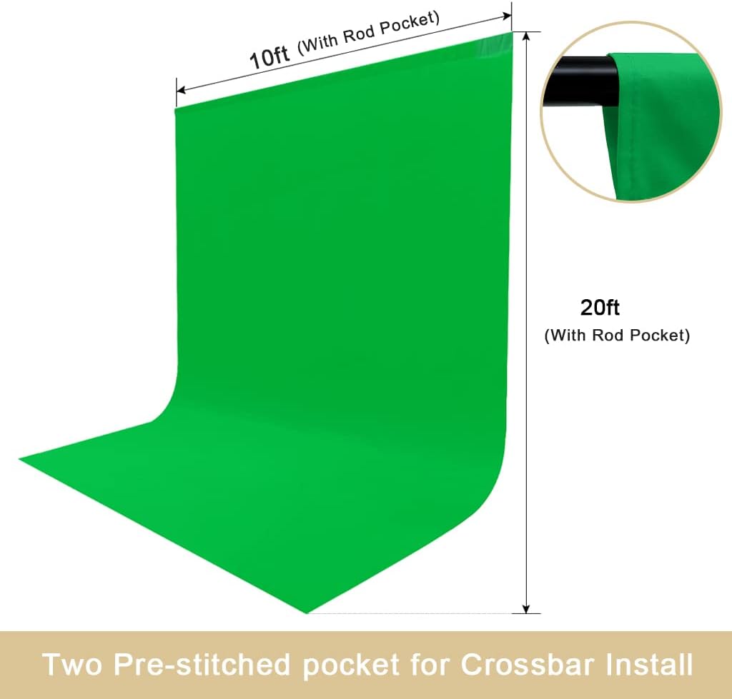 10X20ft Large Green Screen Backdrop for Photography, LCUIRC Two Rod Pocket Chromakey Collapsible Green Polyester Curtain with 4 Clamps for Photography, Zoom Meeting and Game Live Steaming