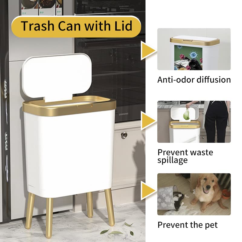 Procade 2Pack White Trash Can with Lid, Bathroom Trash Can with Gold Edge, Narrow Modern Garbage Can for Bedroom, Slim Plastic Trash Bin for Room,Kitchen, Living Room, Office,4 Gallon