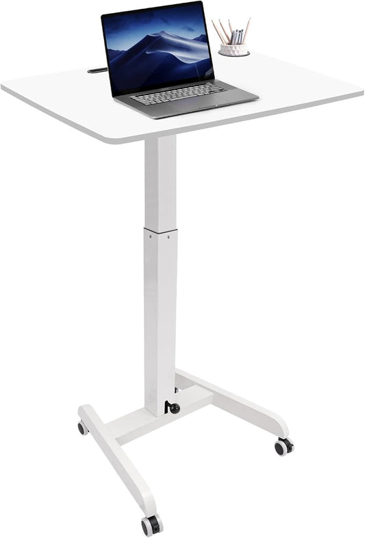 Rolling Laptop Desk Adjustable Height(29.5”- 43.7”)，Mobile Workstation Cart with 31.5" x 22.1"Desktop, Standing Desk Mobile Portable PC Table for Home,Office or Classroom in White
