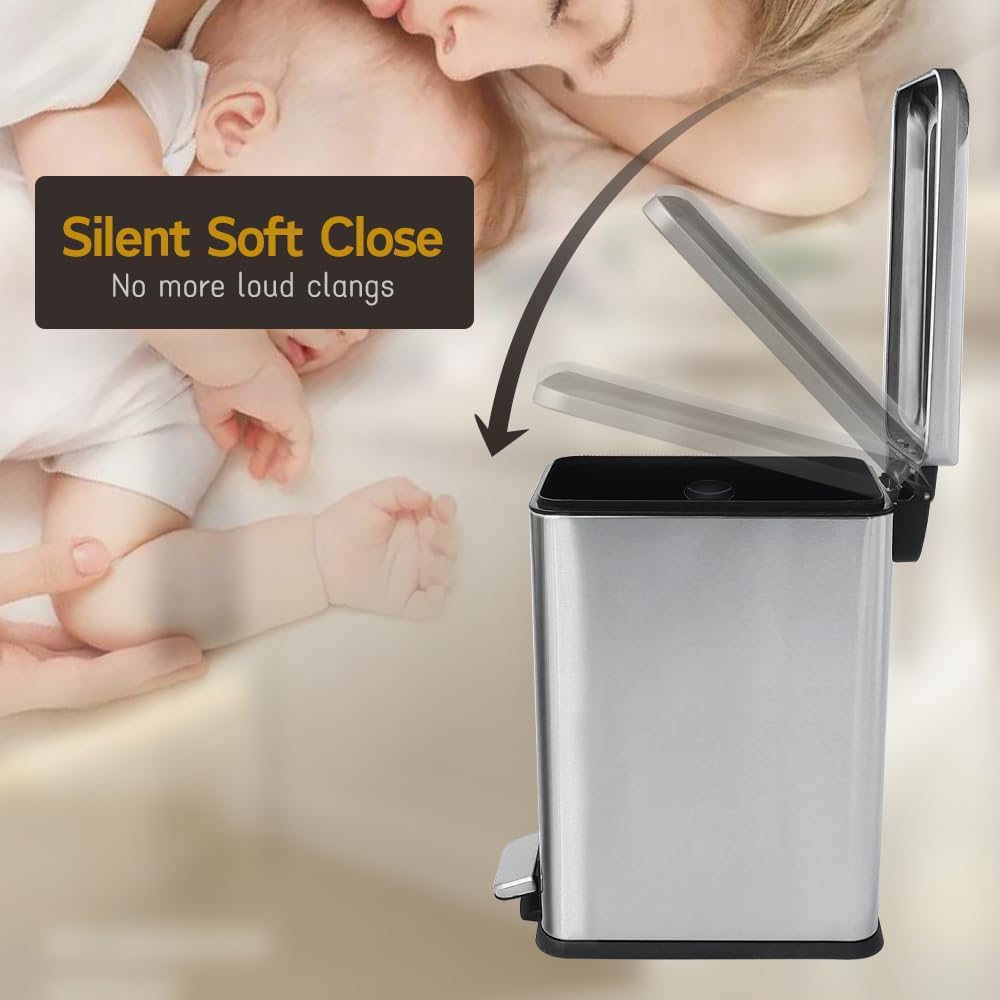 Bathroom Trash Can, 10L/2.6 Gallon Stainless Steel Step Slim Garbage Can, Pedal Trash Bin with Removable Liner Bucket, Soft Close Lid, Rectangle Trash Bin for Office, Kitchen, Bedroom