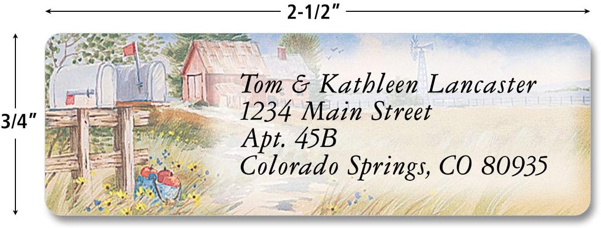 Colorful Images American Countryside Rolled Personalized Return Address Mailing Labels with Dispenser, Customize with Name & Shipping Address, 250 ¾” x 2½” Self Adhesive, Easy Peel Label Roll