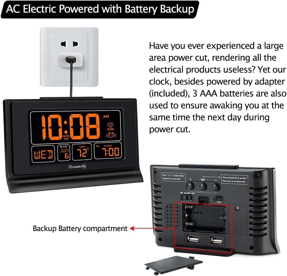 DreamSky Digital Alarm Clock with Battery Backup, 5 Inch Large Display, Auto Set Clock, USB Charging Ports, 12/24H