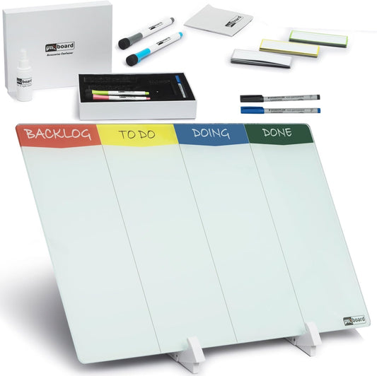 Double Sided Desktop WhiteBoard Kanban Set with Stand.18 x11,Dry Erase Glass Board, 24 Reusable Task Cards, 6 Markers, Accessories. Portable Project Management Planning Productivity WhiteBoard Kit