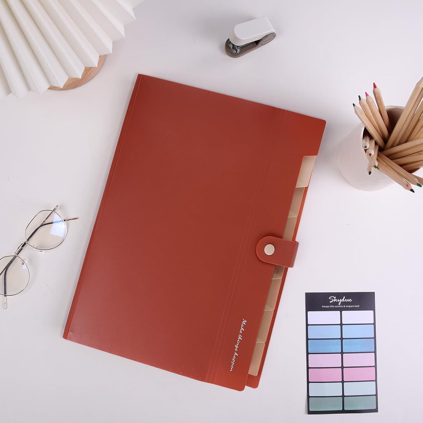 SKYDUE File Folder with Labels, Accordion File Organizer with 8 Pockets, Portable Document Organizer, A4 Letter Size, Paper Organizer for Office, Brown