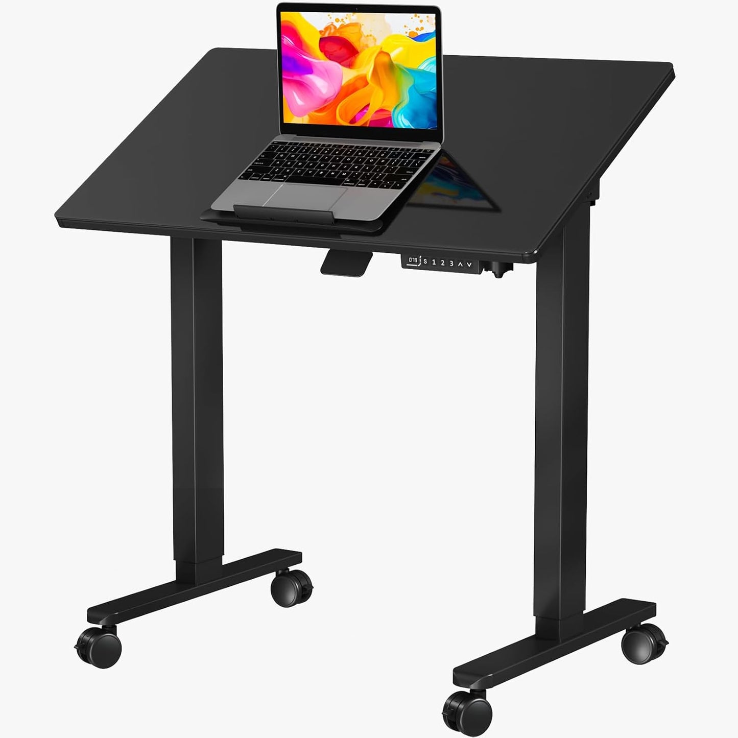 Glass Standing Desk，35inch Whole Piece Rolling Sit Stand Table with Wheels，90° Tiltable Mobile Rising Height Adjustable，Foldable Top Suit for Small Laptop，Black