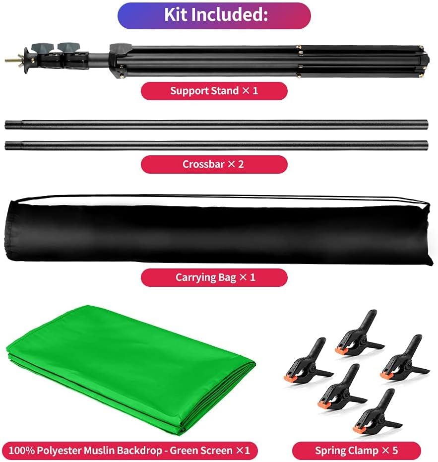 Green Screen Backdrop Kit, 5 x 6.5 ft Portable Chromakey Green Screen with T-Shaped Stand & Carrying Bag & 5 Clamps, Greenscreen Background for Streaming, Gaming, Zoom