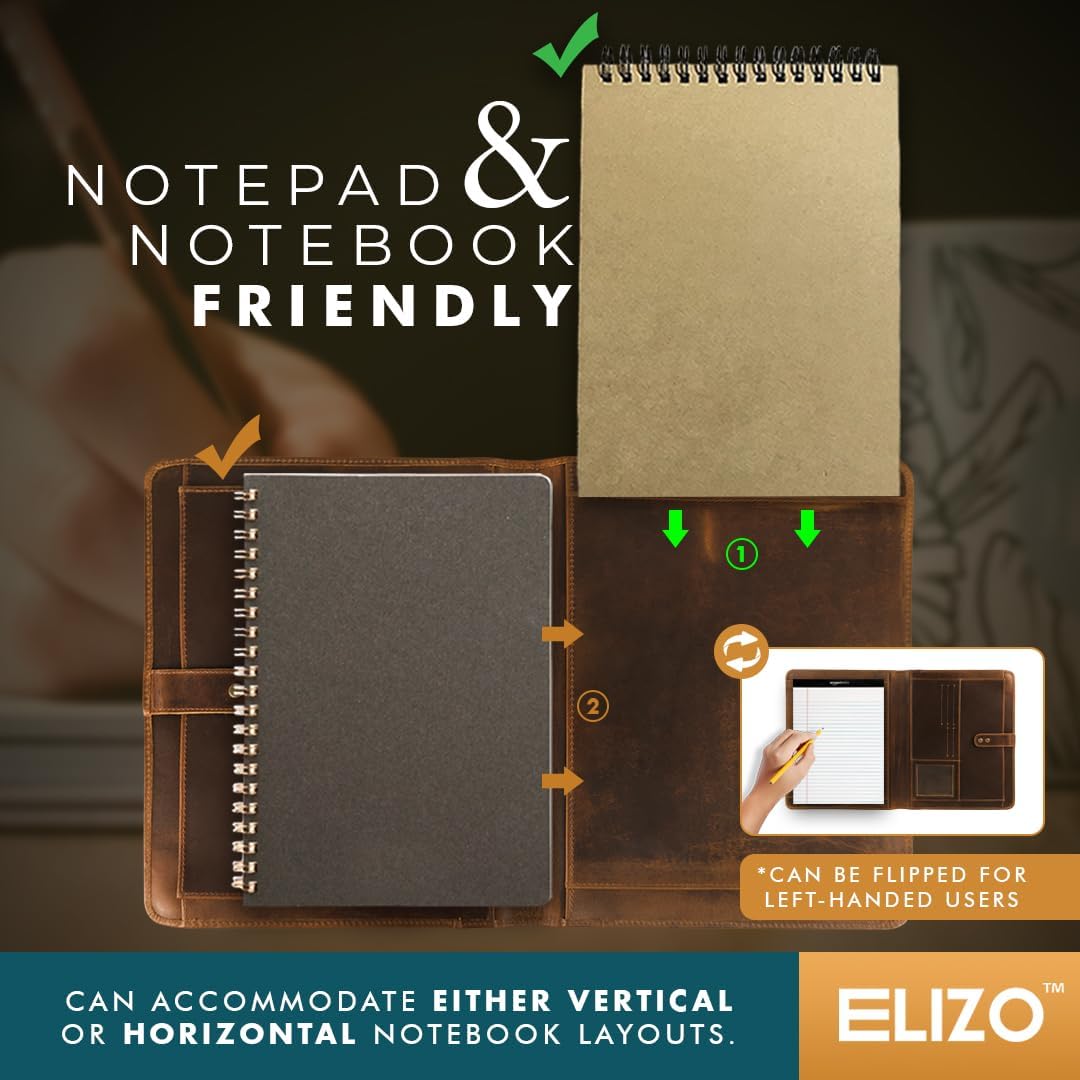 Leather Portfolio Organizer Folio Padfolio Binder Folder for Men Women Business Notebook Cover Resume Legal Pad Holder - ELIZO, 10 x 13