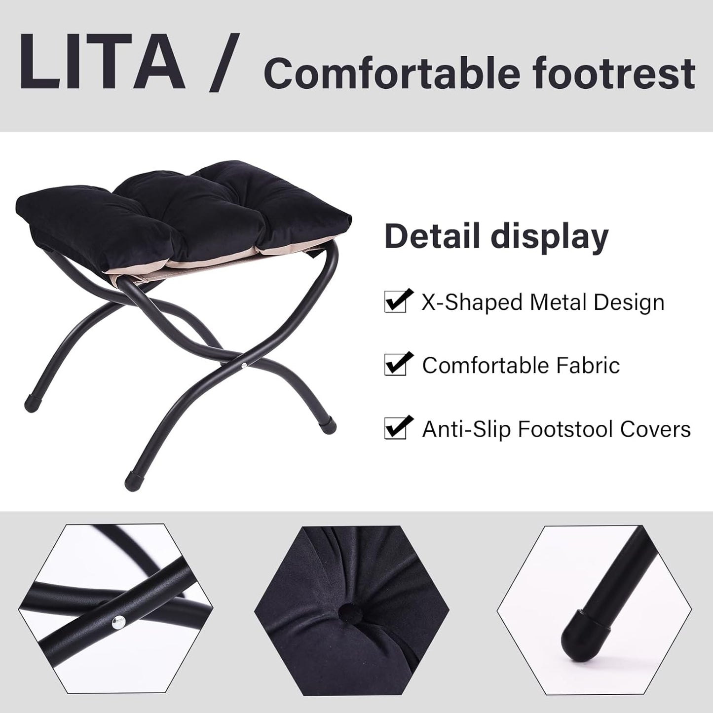 LITA 2 Pcs Folding Upholstered Footrest Stool, Modern Small Portable Accent Ottoman with Detachable Thick Cotton Cushion, Padded Sofa Stool with Metal Frame, Living Room & Bedroom,Velvet Black