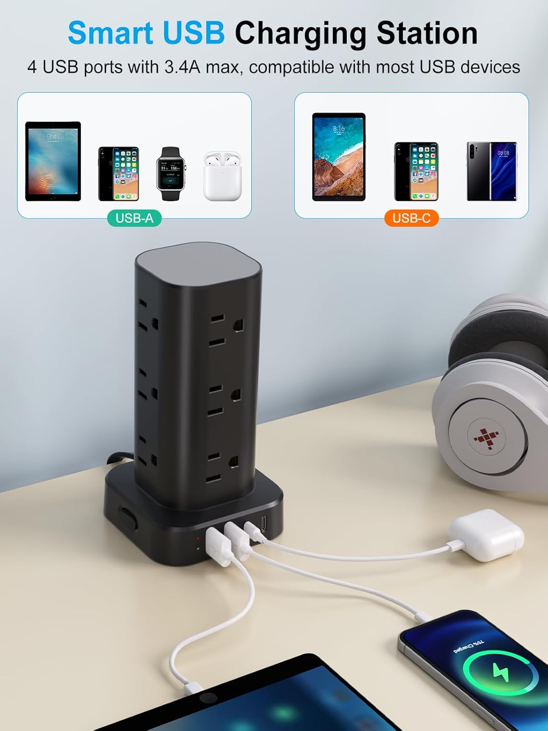 Power Strip Tower with Multiple Outlets, Flat Plug Surge Protector Tower Extension Cord with 12 AC Outlets 4 USB Ports (2 USB C), 10FT Cord Power Tower Surge Protector for Home Office Dorm Room, Black