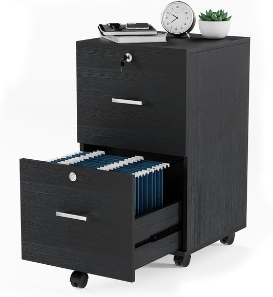 VINGLI 2-Drawer File Cabinet with Lock, Small Rolling Wood Filing Cabinet for Hanging Letter Size Filings with Tabs, Mobile Under Desk File Organizer for Home Office, Classic Black, 27.2" H