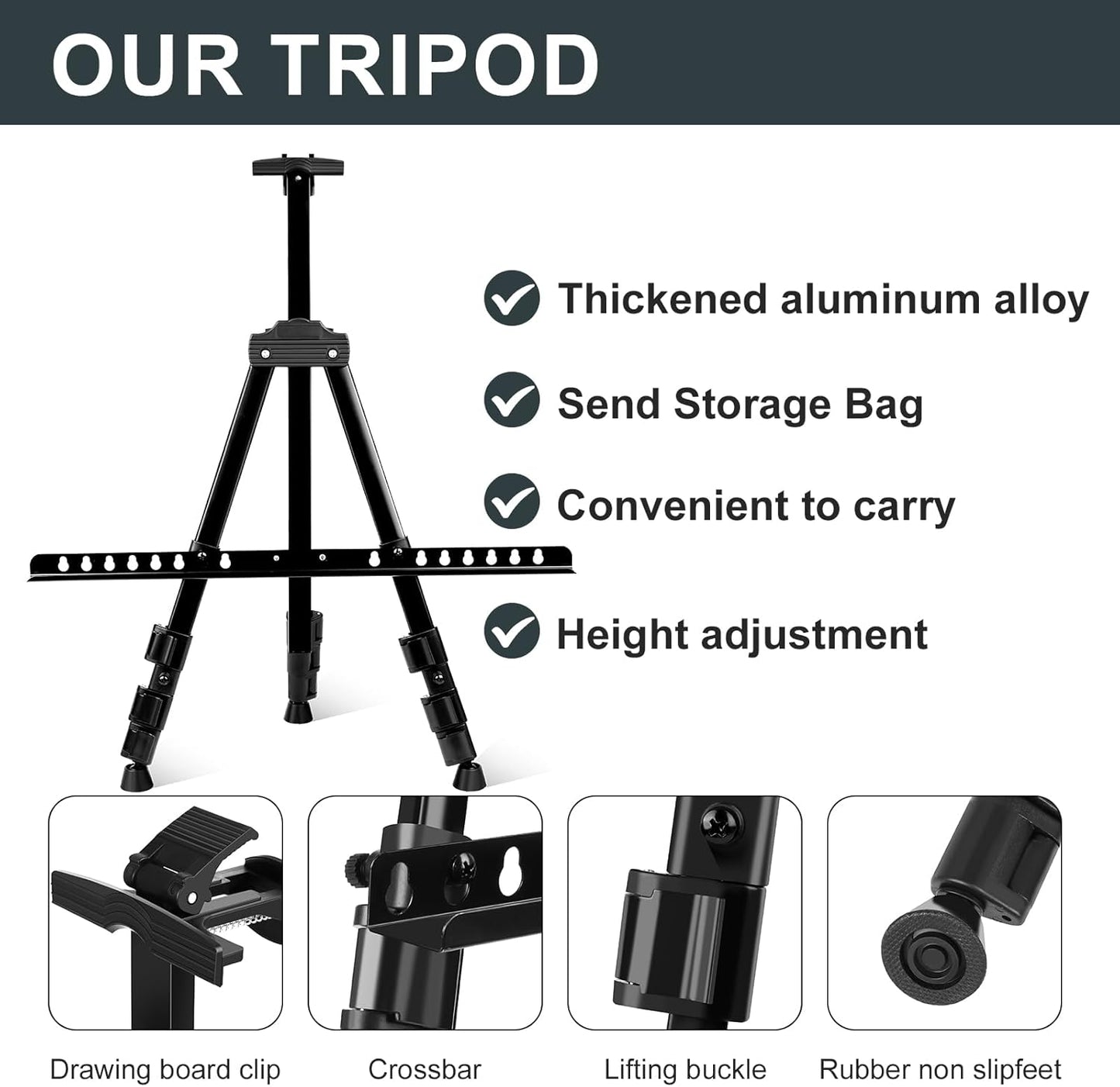 AROIC 4 Pack Art Painting Display Easel Stands,Portable Adjustable Aluminum Metal Tripod Artist Canvases Height from17 to 66 Inch Extra Sturdy forTable-Top/Floor Painting. Black with 4 Storage Bag