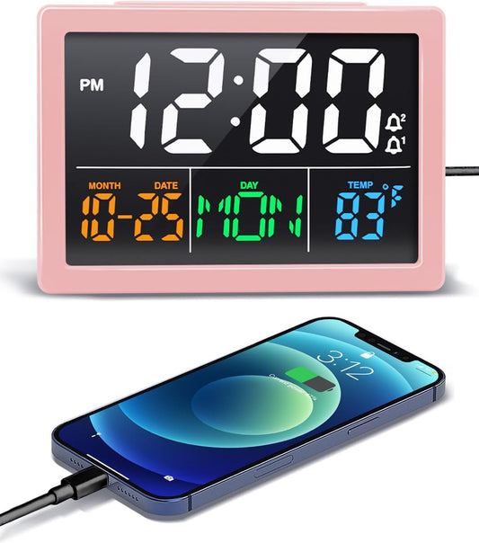 Digital Alarm Clock, with 5.5" Large LED Time Display, Adjustable Alarm Volume, 6 Level Brightness, Alarm Settings, USB Charger, Temperature Detect, Snooze, Clocks for Bedroom, Bedside, Desk, Pink