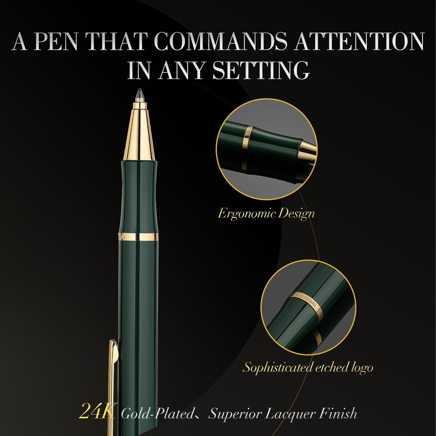 Green lacquer Gel Pen With 24K Gold Finish, Retractable, Gift Pen Set, Black Ink Refill, Professional, Elegant, Writing, Executive, Nice Fancy Designer Pens, Perfect for Men and Women