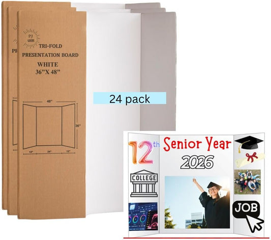 PJ Goods 24 Pcs White Tri Fold Poster Board 36" x 48 for Science Fair Presentation Displays, School Projects, Business Displays, 4H, Sports, Graduations/Senior Night, Lightweight and Foldable