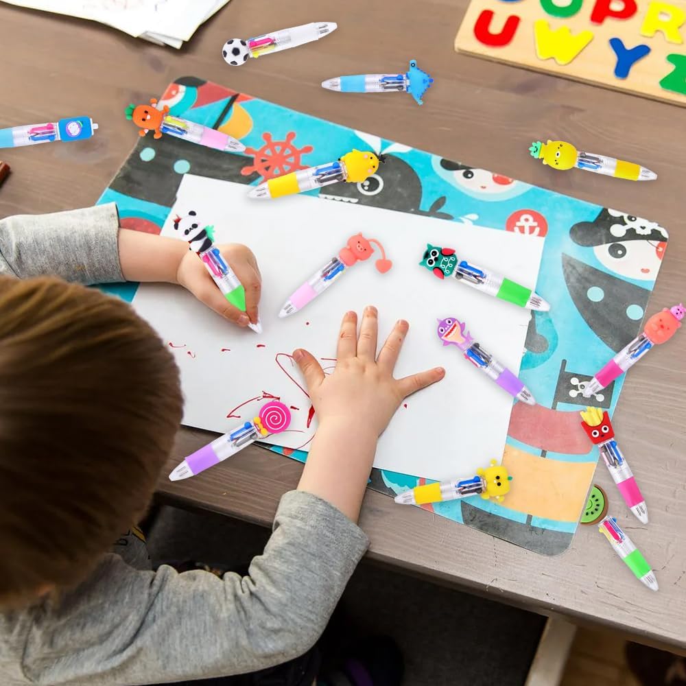 28PCS Fun Pens for Kids Multicolor Ballpoint Pen 4 Colors in One, Mini Cute Stationery Cartoon Animal 0.7mm Retractable Writing Pens for Party Favors School Supplies Students Rewards