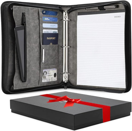 Portfolio Organizer - 1.5" 3 Ring Binder with Notepad - Zippered Storage Pouch for Papers, Travel Documents, Presentation Folder with Pockets for Card, Passport, Tickets - Gray