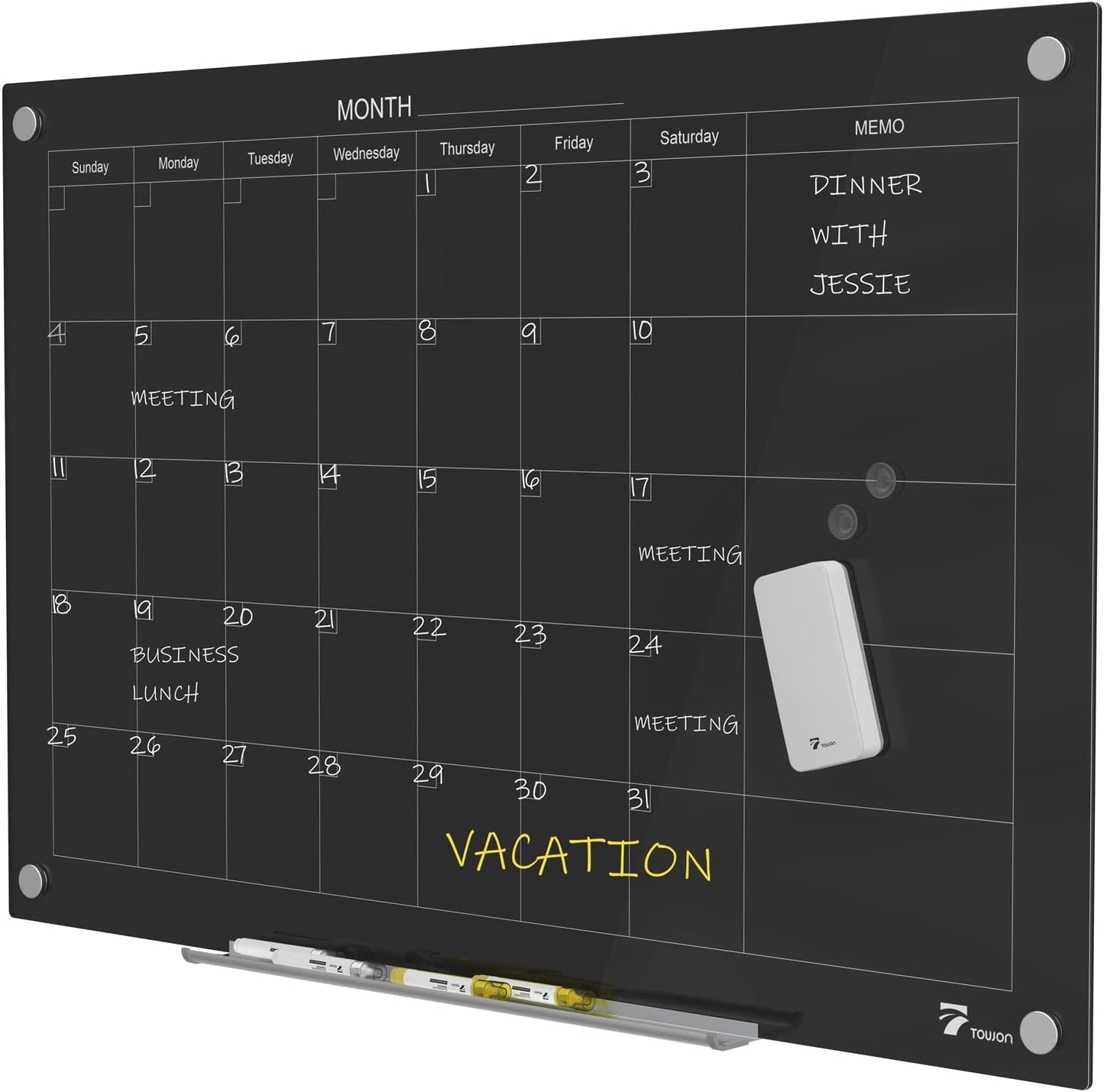 TOWON 47 x 35 Inch Glass Dry Erase Board Reminder, Magnetic Whiteboard Calendar Yearly, Monthly Planner Set for Office, Kitchen and School, Black