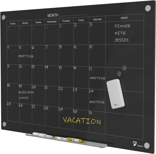 TOWON 47 x 35 Inch Glass Dry Erase Board Reminder, Magnetic Whiteboard Calendar Yearly, Monthly Planner Set for Office, Kitchen and School, Black