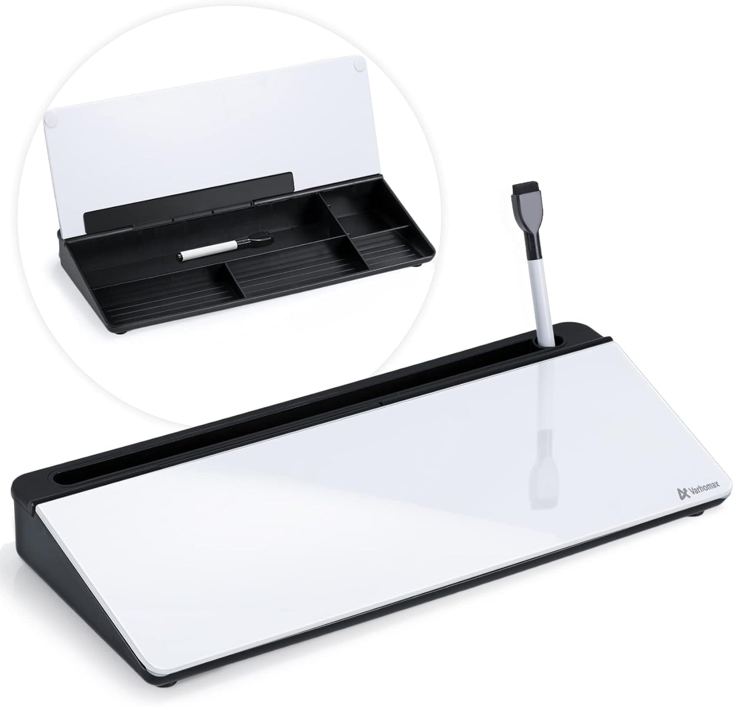 Varhomax Glass Desk Whiteboard with Storage, Desktop Organizer to-do List Memo Notepad Dry Erase White Board for Home Office and School Supplies (Black&White)