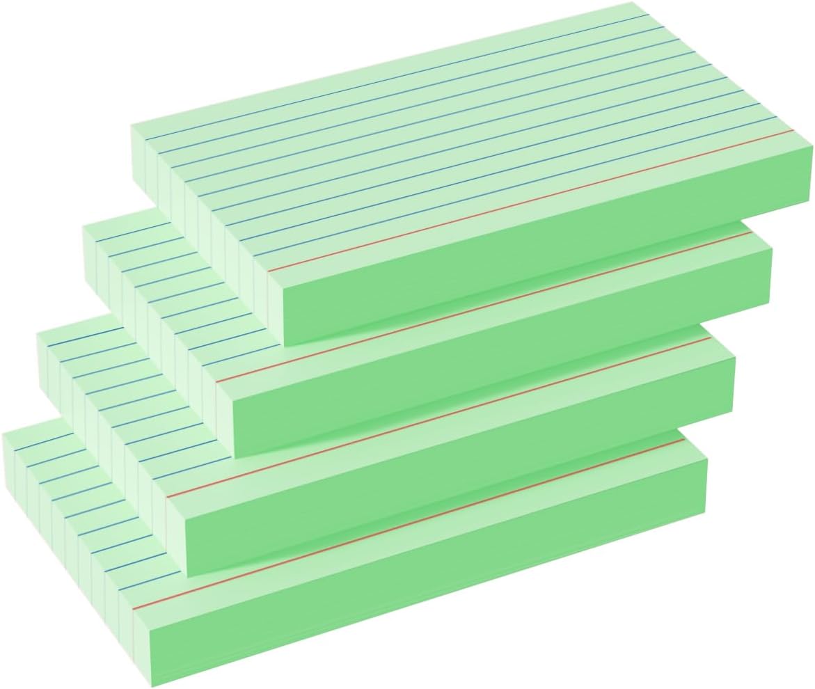 Green Index Cards 3x5, 200 Pack, Ruled Index Cards, Flash Cards for Studying, Heavy Note Cards for Office, Home and School, 4 Packs of 50