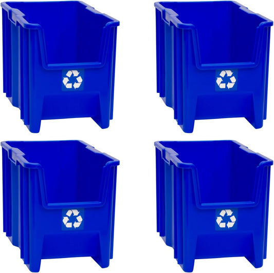 Commercial Industrial Heavy Duty Stackable Open-Front Recycling Bin Box Containers, 7 Gallon, 4 Pack, Blue
