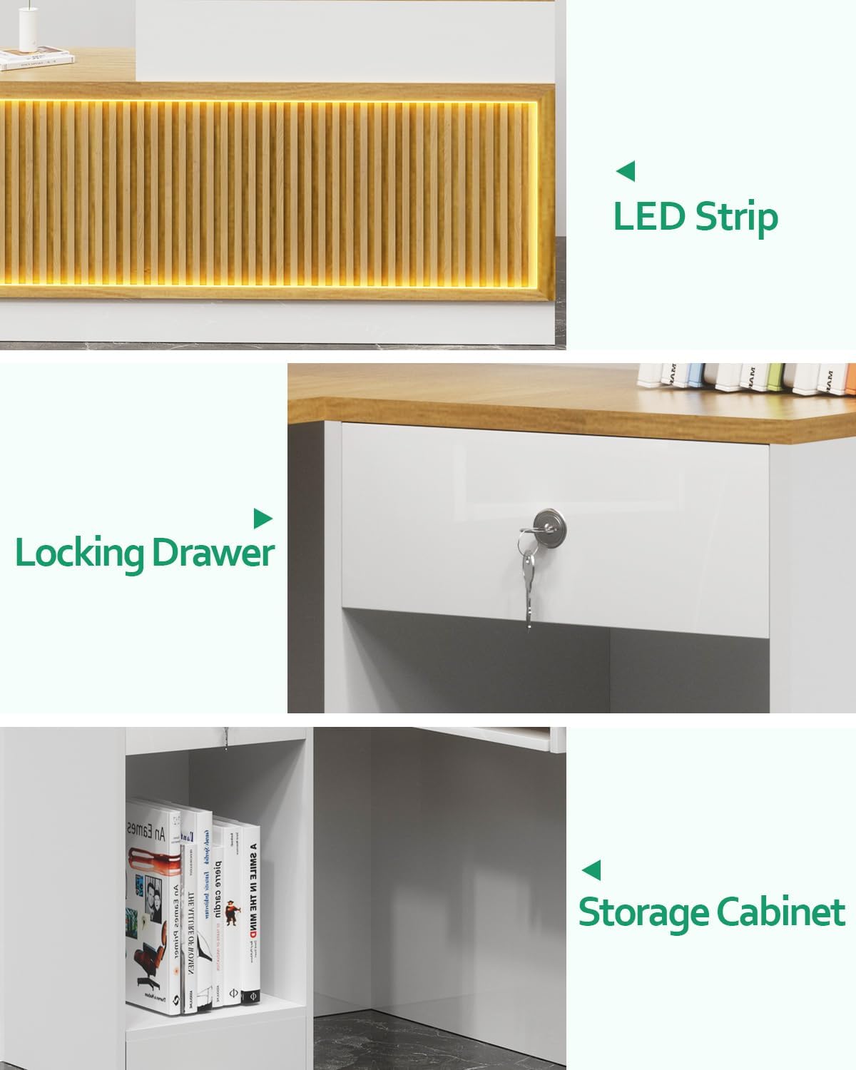 L Shaped Reception Desk, Solid Wood Front Desk with Counter & Lockable Drawers, Retail Checkout Customer 2 Person Secretary Desks for Home Office Lobby Store (63in,Right)