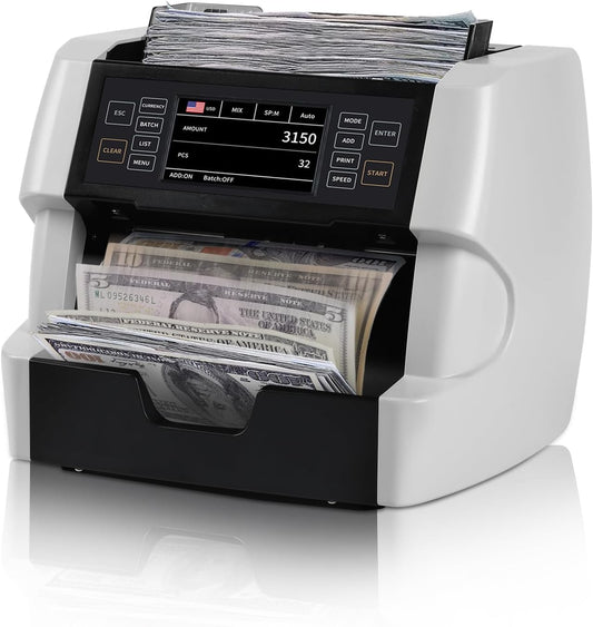 NUCOUN VC-3 Mixed Denomination Money Counter Machine, Value Counting, CIS/UV/IR/MG/MT Counterfeit Detection, USD/Euro/CAD/MXN, Printer Enable, White Cash Note Counter, Bill Counter for Business