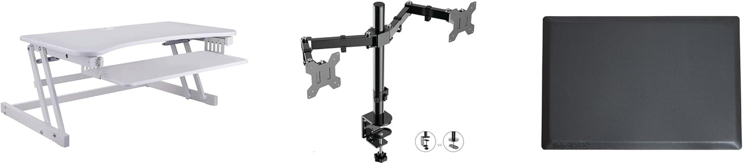 Rocelco 37.5" Height Adjustable Standing Desk Converter with Dual Monitor Mount and Anti-Fatigue Mat - Slide Out Retractable Keyboard Tray - Sit Stand Up Tabletop Riser - White (R DADRW-DM2-MAF)