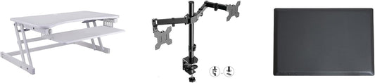 Rocelco 37.5" Height Adjustable Standing Desk Converter with Dual Monitor Mount and Anti-Fatigue Mat - Slide Out Retractable Keyboard Tray - Sit Stand Up Tabletop Riser - White (R DADRW-DM2-MAF)