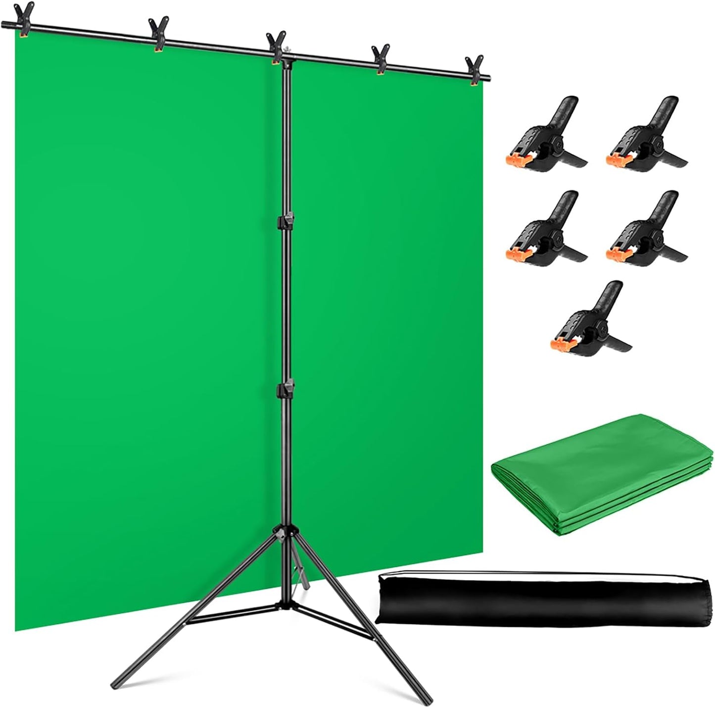 Green Screen Backdrop Kit, 5 x 6.5 ft Portable Chromakey Green Screen with T-Shaped Stand & Carrying Bag & 5 Clamps, Greenscreen Background for Streaming, Gaming, Zoom