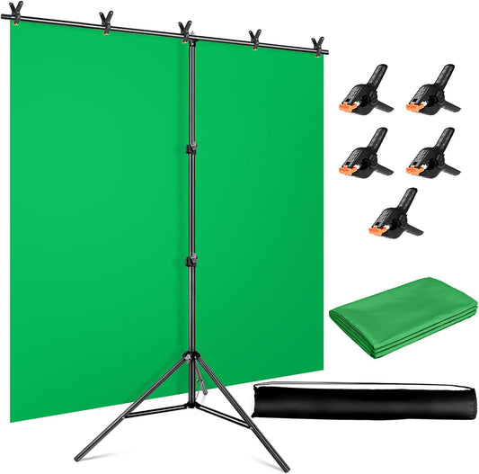 Green Screen Backdrop Kit, 5 x 6.5 ft Portable Chromakey Green Screen with T-Shaped Stand & Carrying Bag & 5 Clamps, Greenscreen Background for Streaming, Gaming, Zoom