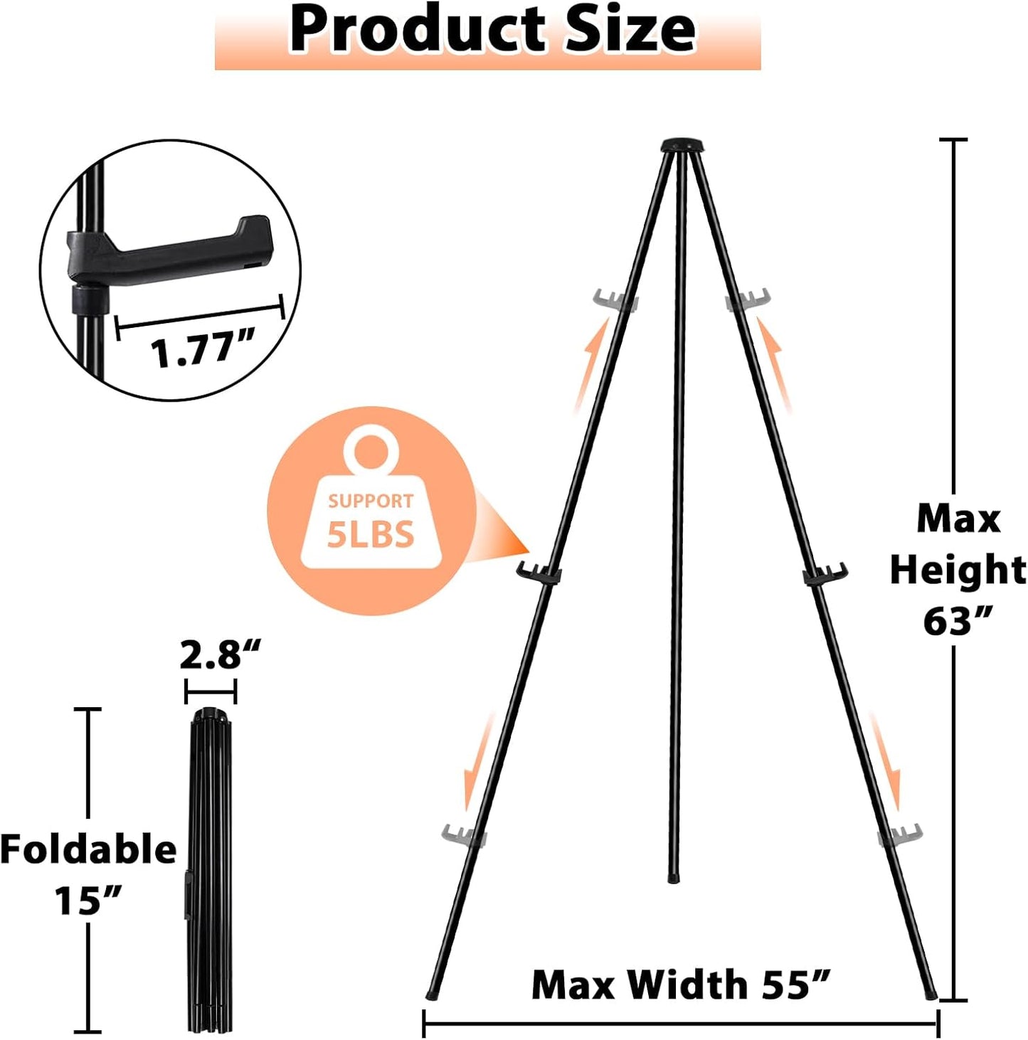 Instant Display Easel Stand - 63" Tripod Collapsible Portable Artist Floor Easel - Easy Folding Telescoping Adjustable Art Poster Metal Stand for Display Show (1 Pack)