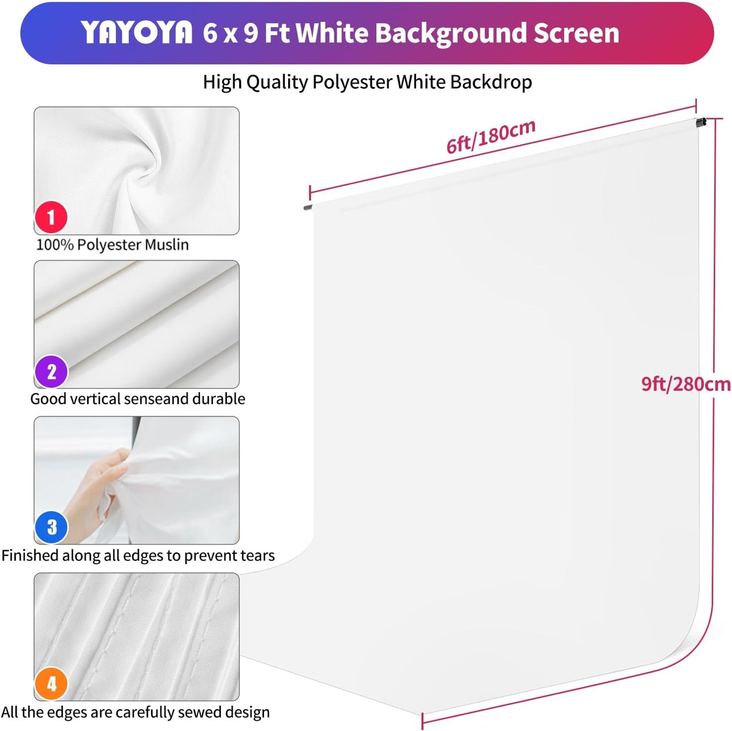 White Backdrop with Stand, 6x9 ft White Photo Backdrop Curtain with 6.3x6.5 ft Background Stand, Portable Backdrop Support Kit with Carrying Bag, 5 Strong Spring Clamps
