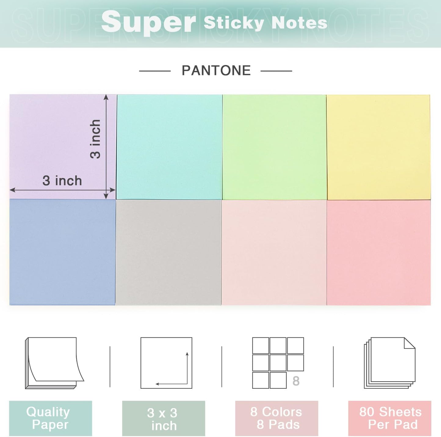 Sticky Notes 3x3 Inch, 8 Pads Light Colors Self-Adhesive, 8 Assorted Pastel Colors, 80 Sheets/Pad, Reusable Notepads for Office, School, and Home