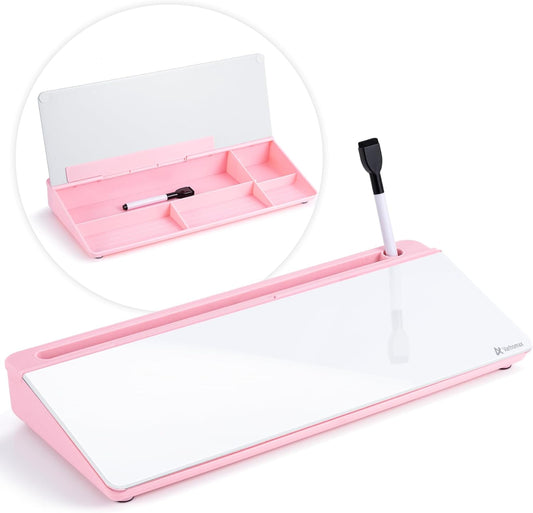 Varhomax Glass Desk Whiteboard with Storage, Desktop Organizer to-do List Memo Notepad Dry Erase White Board for Home Office and School Supplies (Pink)