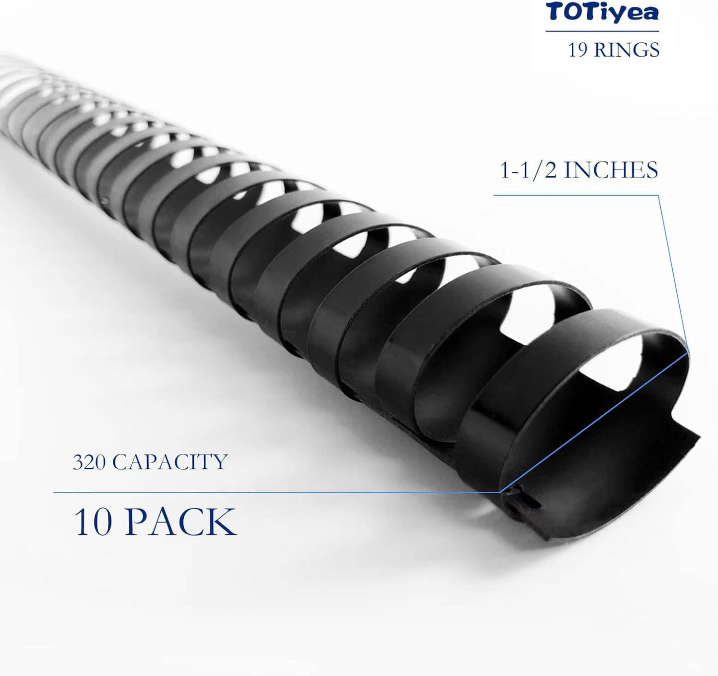 TOTiyea 19 Ring Plastic Binding Combs, 1-1/2 Inch Diameter, 320 Sheet Capacity, Letter Size, Black Comb Binding Spines (10 Pack)